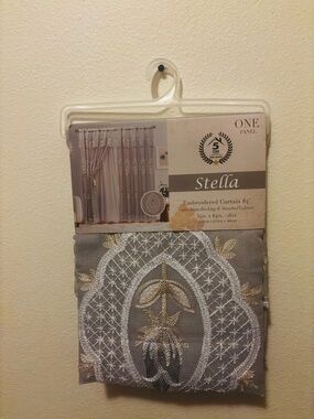 Set Stellah Embroidered Curtain Panel - Silver Gray with Gold Accents